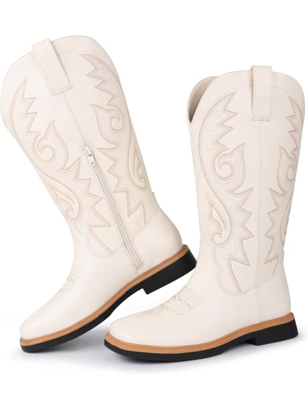 〽️Women's Mid-Calf Cowgirl Boot White Floral Leather Side Zipper Chunky Heel